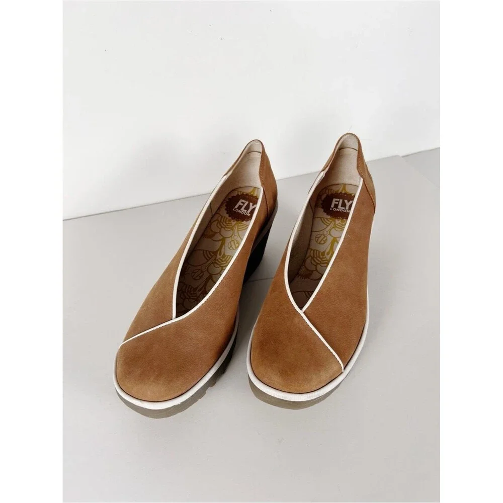 Fly London Yuca Tan Leather White Trim Wedge Slip-On Platform Size 10-10.5